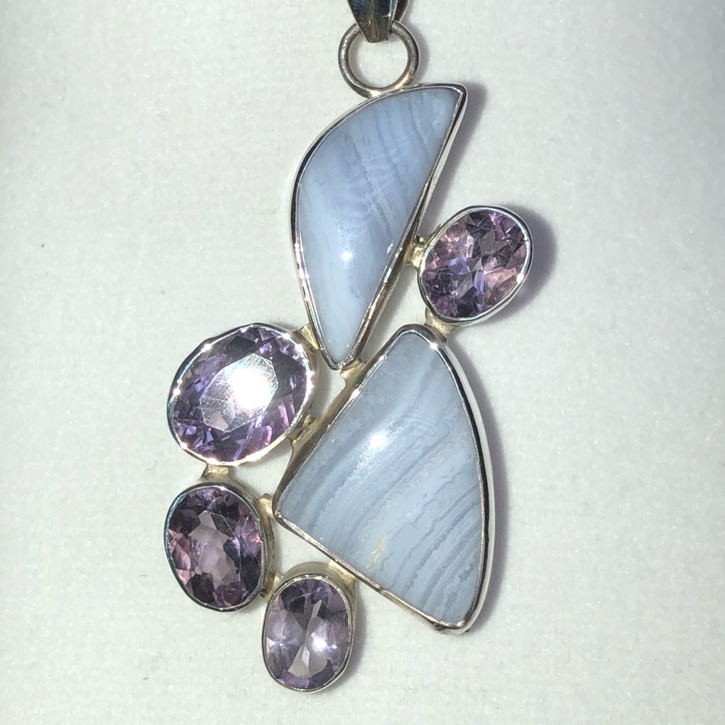 Artisan Crafted Blue Lace Agate & Faceted Amethyst Gemstones Pendant
